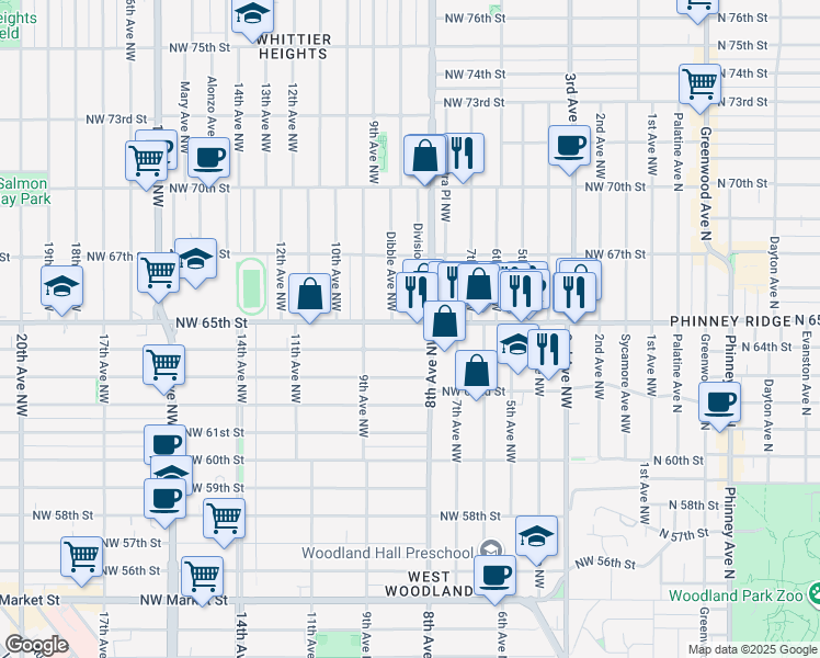 map of restaurants, bars, coffee shops, grocery stores, and more near 819 Northwest 65th Street in Seattle