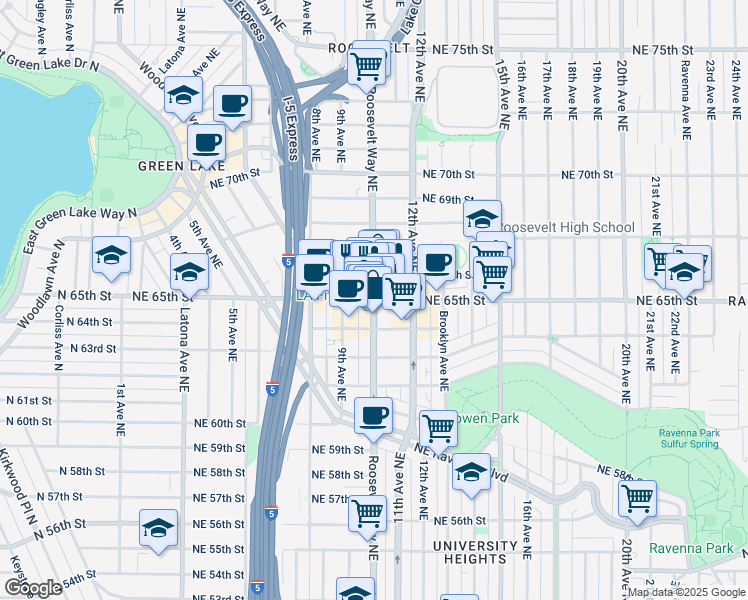 map of restaurants, bars, coffee shops, grocery stores, and more near Roosevelt Way NE & NE 65th St in Seattle