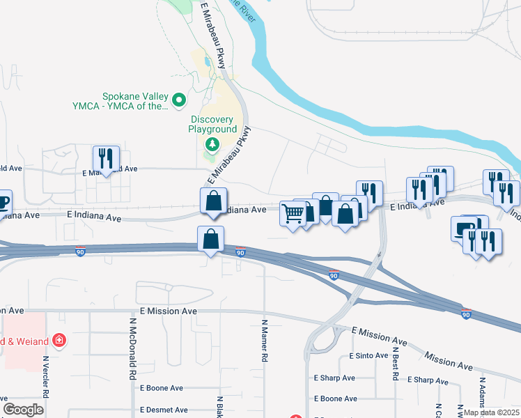 map of restaurants, bars, coffee shops, grocery stores, and more near 13804 East Indiana Avenue in Spokane Valley