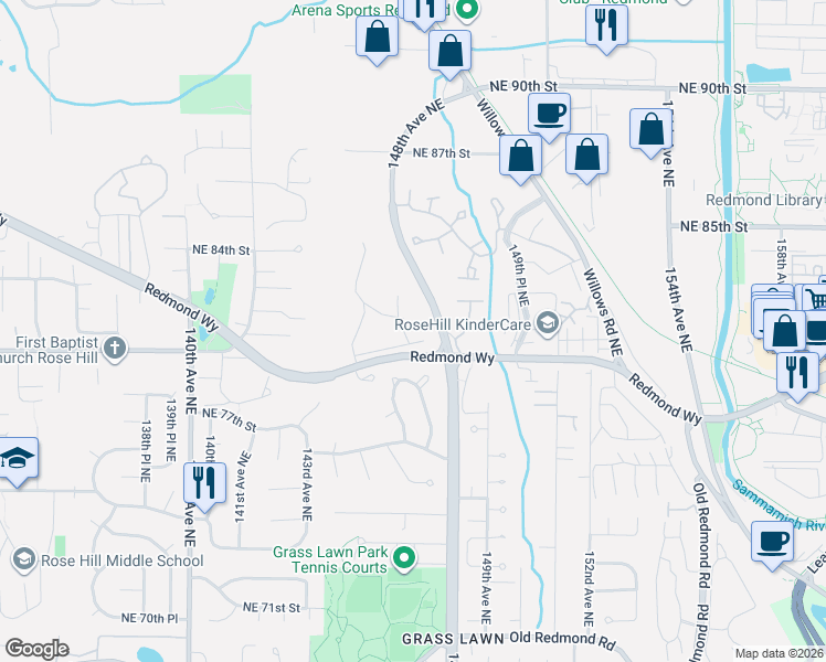 map of restaurants, bars, coffee shops, grocery stores, and more near 8020 146th Avenue Northeast in Redmond