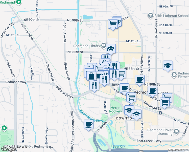 map of restaurants, bars, coffee shops, grocery stores, and more near 15790 Redmond Way in Redmond