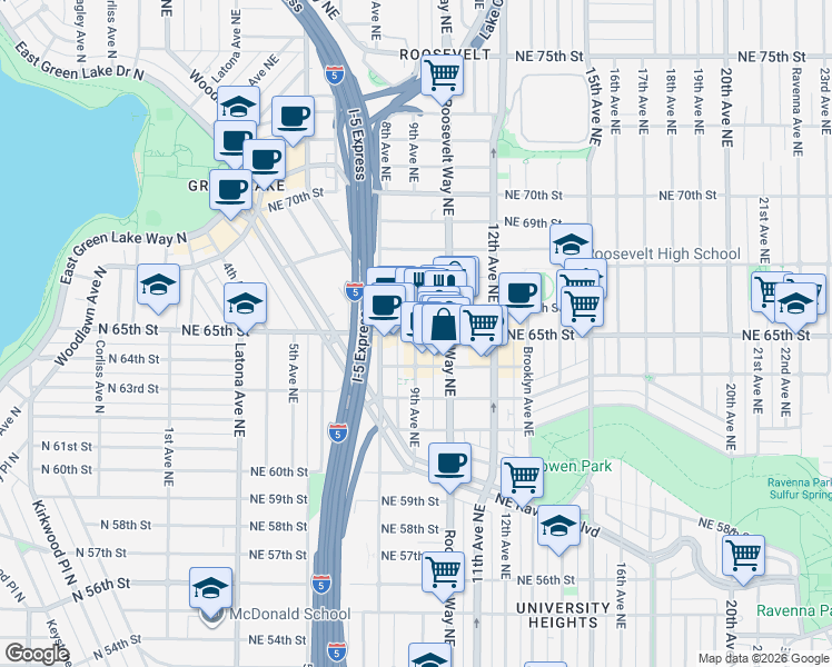 map of restaurants, bars, coffee shops, grocery stores, and more near NE 65th St & 9th Ave NE in Seattle