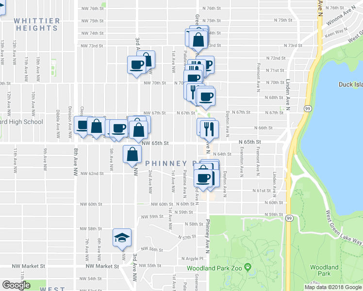 map of restaurants, bars, coffee shops, grocery stores, and more near 117 North 65th Street in Seattle