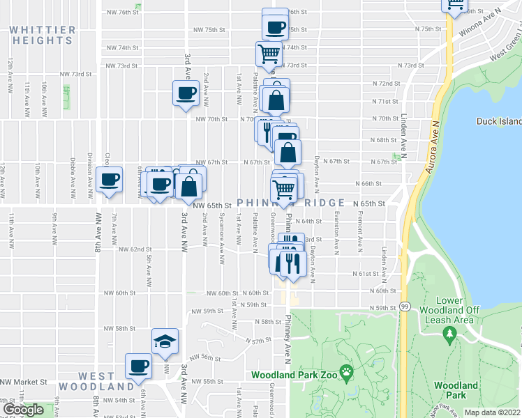 map of restaurants, bars, coffee shops, grocery stores, and more near 117 North 65th Street in Seattle