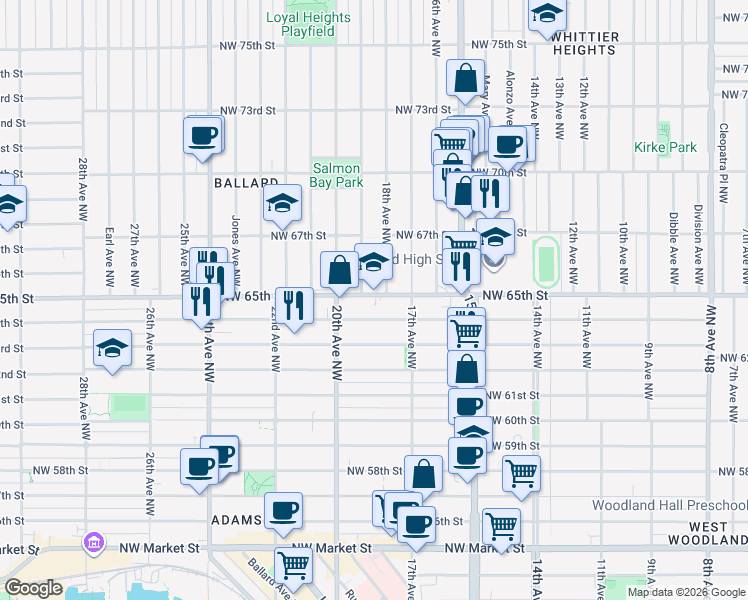 map of restaurants, bars, coffee shops, grocery stores, and more near 1815 Northwest 65th Street in Seattle