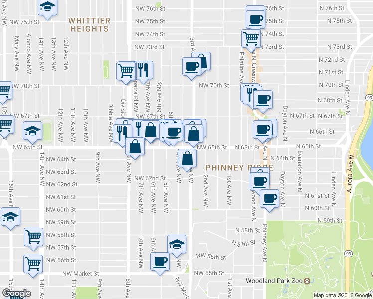 map of restaurants, bars, coffee shops, grocery stores, and more near 305 Northwest 65th Street in Seattle