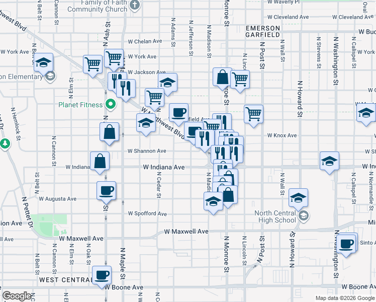 map of restaurants, bars, coffee shops, grocery stores, and more near 1214 West Shannon Avenue in Spokane