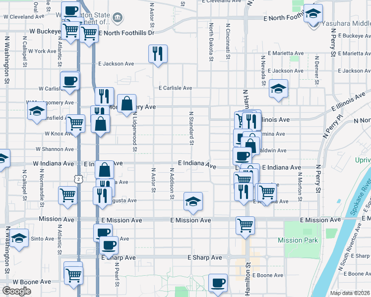 map of restaurants, bars, coffee shops, grocery stores, and more near 524 East Baldwin Avenue in Spokane