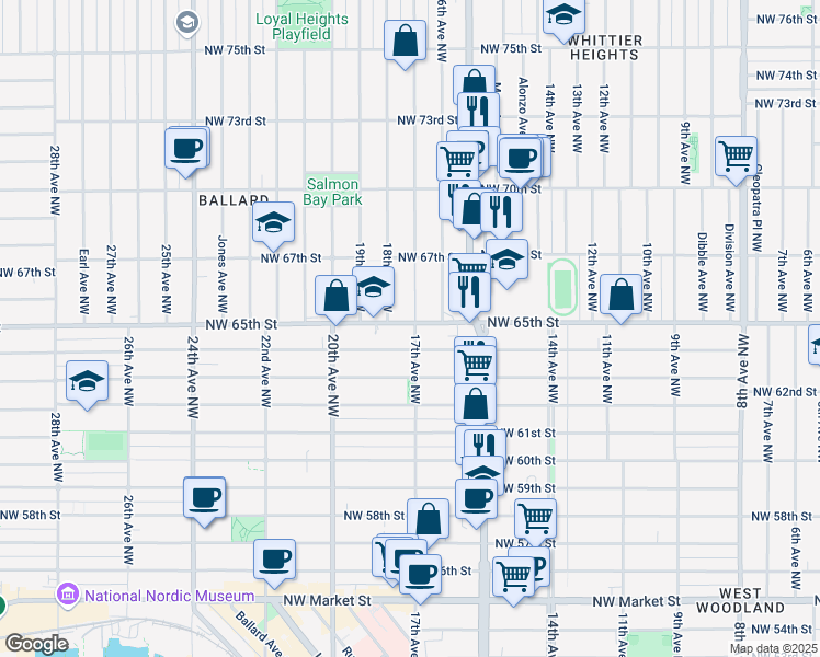 map of restaurants, bars, coffee shops, grocery stores, and more near 1701 Northwest 65th Street in Seattle