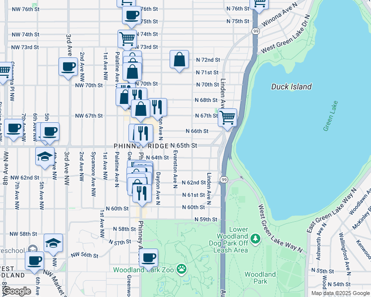 map of restaurants, bars, coffee shops, grocery stores, and more near 619 North 65th Street in Seattle