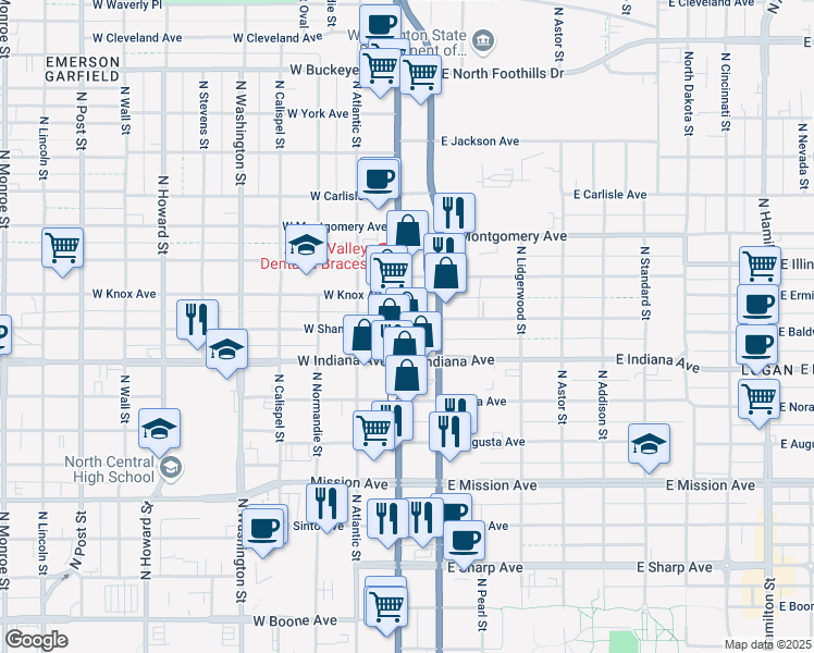 map of restaurants, bars, coffee shops, grocery stores, and more near 1918 North Division Street in Spokane