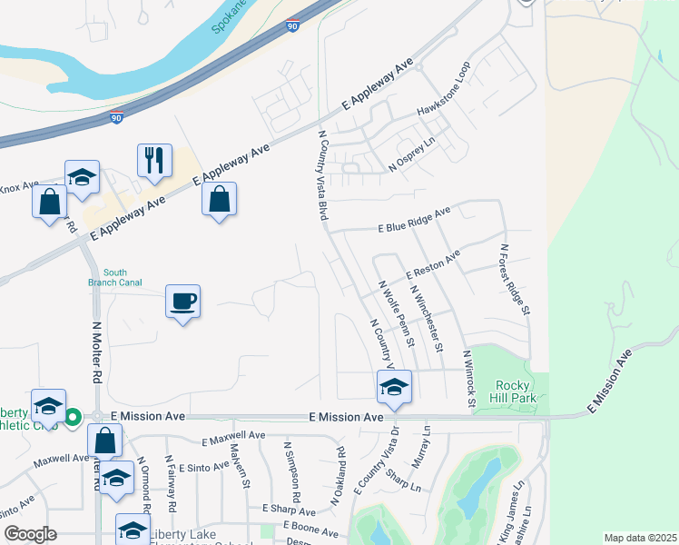 map of restaurants, bars, coffee shops, grocery stores, and more near 2195 North Country Vista Boulevard in Liberty Lake