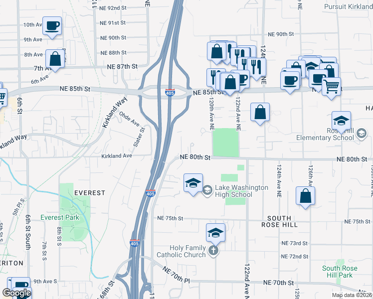 map of restaurants, bars, coffee shops, grocery stores, and more near 11816 Northeast 80th Street in Kirkland