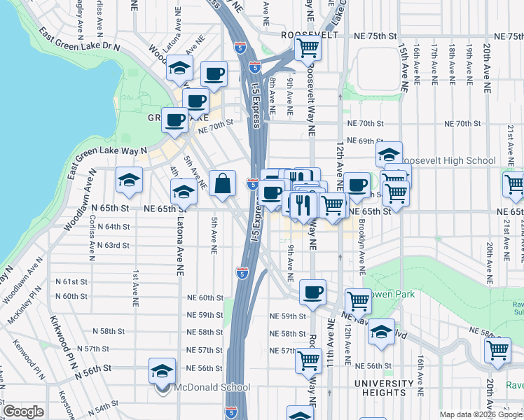 map of restaurants, bars, coffee shops, grocery stores, and more near 620 Northeast 65th Street in Seattle