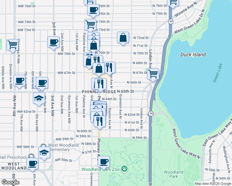 map of restaurants, bars, coffee shops, grocery stores, and more near 507 North 65th Street in Seattle