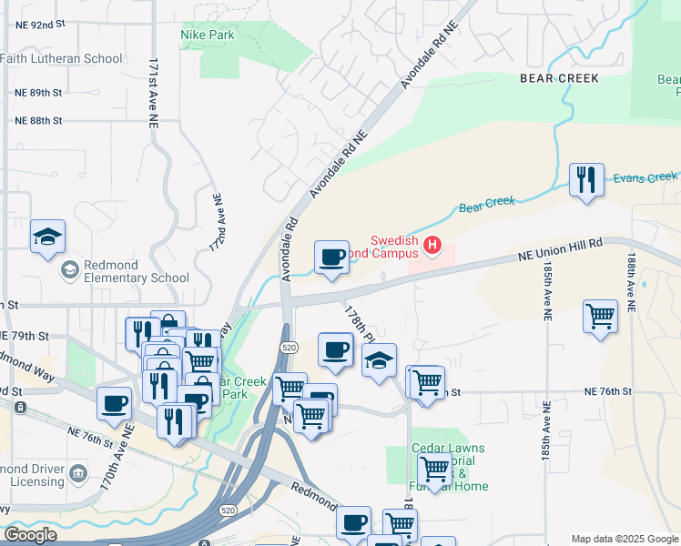 map of restaurants, bars, coffee shops, grocery stores, and more near 17634 Northeast Union Hill Road in Redmond