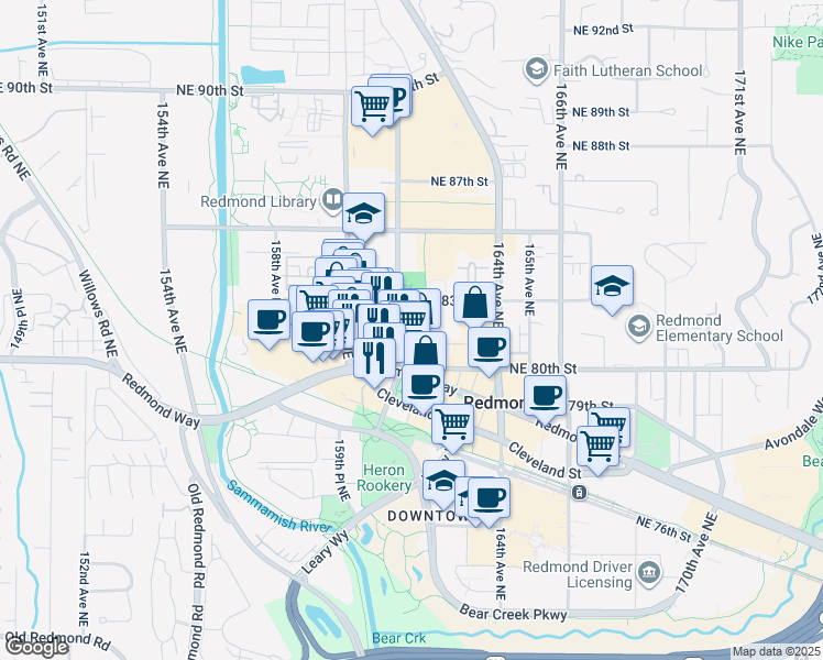 map of restaurants, bars, coffee shops, grocery stores, and more near in Redmond