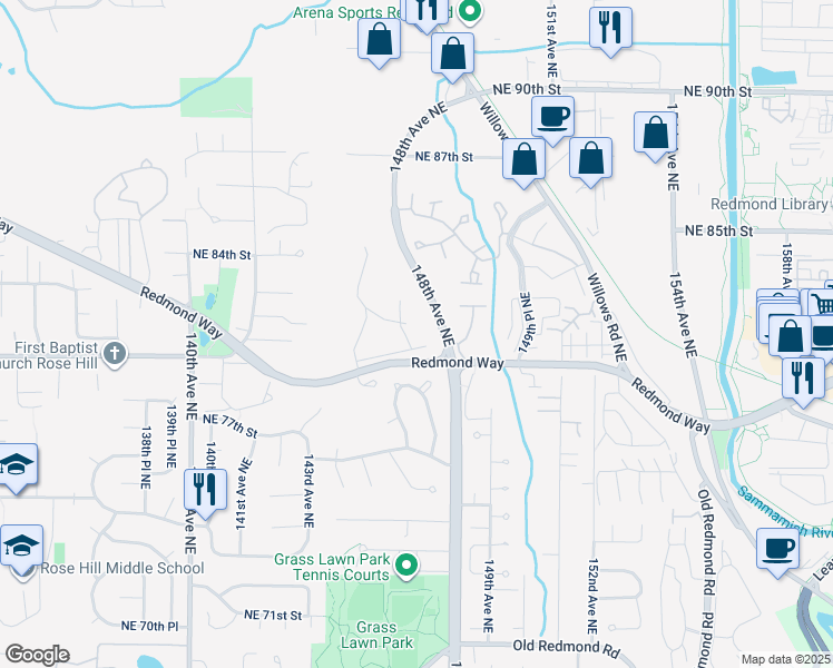 map of restaurants, bars, coffee shops, grocery stores, and more near 8104 146th Court Northeast in Redmond