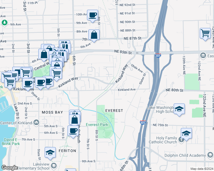 map of restaurants, bars, coffee shops, grocery stores, and more near 1004 Kirkland Avenue in Kirkland