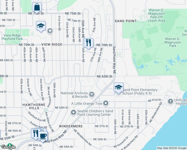 map of restaurants, bars, coffee shops, grocery stores, and more near 6511 58th Avenue Northeast in Seattle