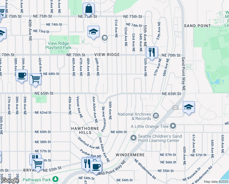 map of restaurants, bars, coffee shops, grocery stores, and more near 6508 50th Avenue Northeast in Seattle