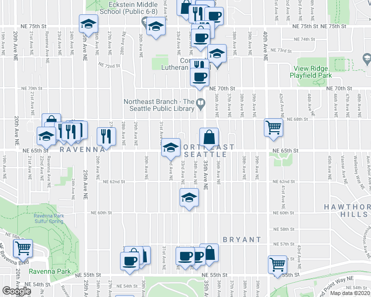 map of restaurants, bars, coffee shops, grocery stores, and more near 3334 Northeast 65th Street in Seattle