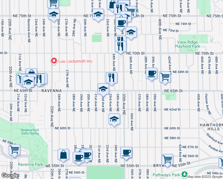 map of restaurants, bars, coffee shops, grocery stores, and more near 3334 Northeast 65th Street in Seattle