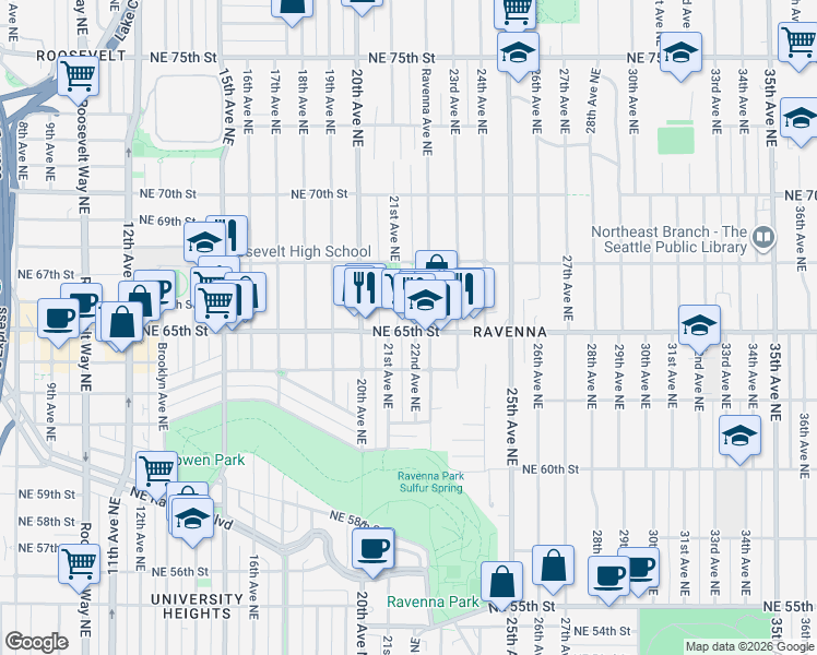 map of restaurants, bars, coffee shops, grocery stores, and more near 6501 Ravenna Avenue Northeast in Seattle