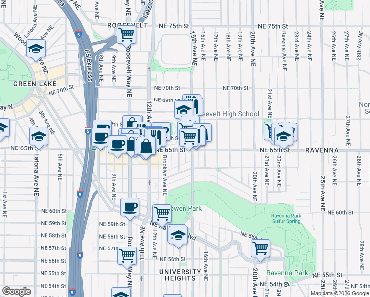 map of restaurants, bars, coffee shops, grocery stores, and more near 1402 Northeast 65th Street in Seattle