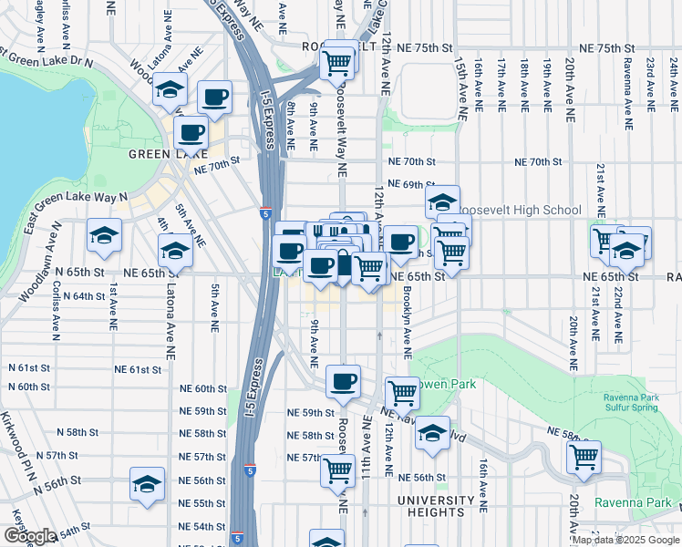 map of restaurants, bars, coffee shops, grocery stores, and more near 6503 Roosevelt Way Northeast in Seattle