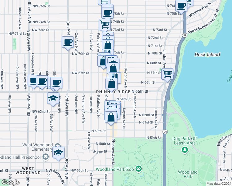 map of restaurants, bars, coffee shops, grocery stores, and more near in Seattle
