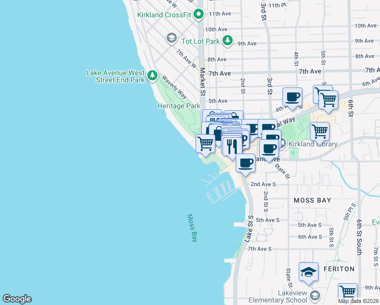 map of restaurants, bars, coffee shops, grocery stores, and more near 115 Lake Avenue West in Kirkland