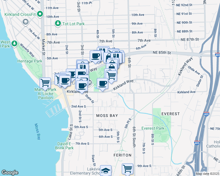 map of restaurants, bars, coffee shops, grocery stores, and more near 434 Kirkland Way in Kirkland