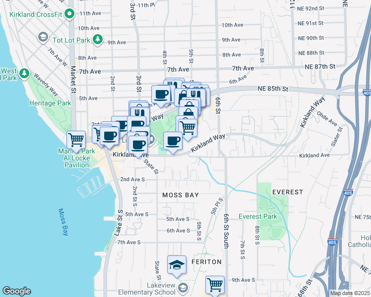 map of restaurants, bars, coffee shops, grocery stores, and more near 434 Kirkland Way in Kirkland