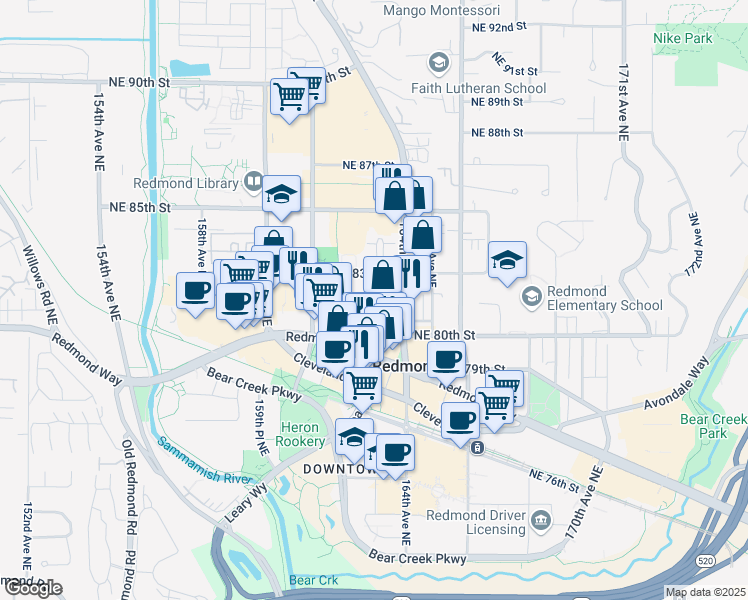 map of restaurants, bars, coffee shops, grocery stores, and more near 16304 Northeast 81st Street in Redmond