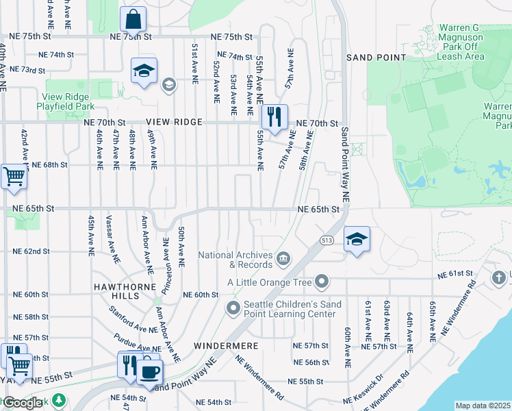 map of restaurants, bars, coffee shops, grocery stores, and more near 5404 Northeast 65th Street in Seattle