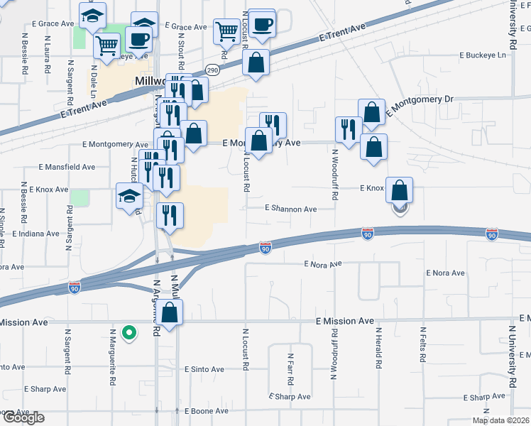 map of restaurants, bars, coffee shops, grocery stores, and more near 9522 East Shannon Avenue in Spokane Valley