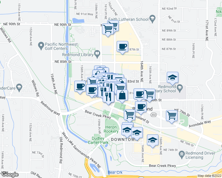 map of restaurants, bars, coffee shops, grocery stores, and more near 8105 161st Avenue Northeast in Redmond