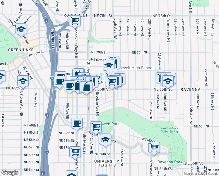map of restaurants, bars, coffee shops, grocery stores, and more near 1420 Northeast 65th Street in Seattle