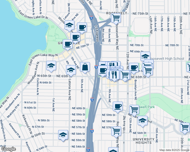 map of restaurants, bars, coffee shops, grocery stores, and more near 608 Northeast 65th Street in Seattle
