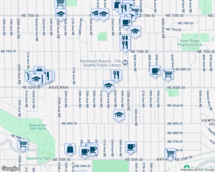 map of restaurants, bars, coffee shops, grocery stores, and more near 3114 Northeast 65th Street in Seattle