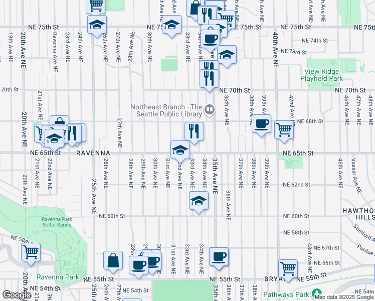 map of restaurants, bars, coffee shops, grocery stores, and more near 3298 Northeast 65th Street in Seattle