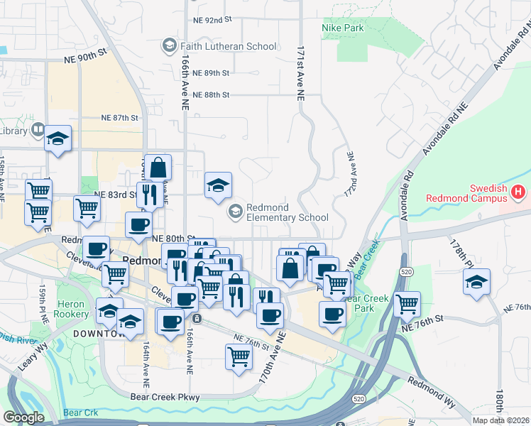 map of restaurants, bars, coffee shops, grocery stores, and more near 16907 Northeast 82nd Street in Redmond