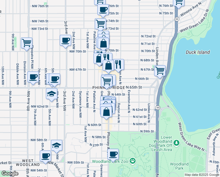 map of restaurants, bars, coffee shops, grocery stores, and more near 6416 Phinney Avenue North in Seattle