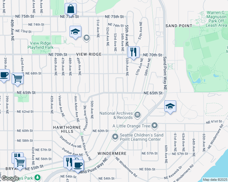 map of restaurants, bars, coffee shops, grocery stores, and more near 6501 53rd Avenue Northeast in Seattle