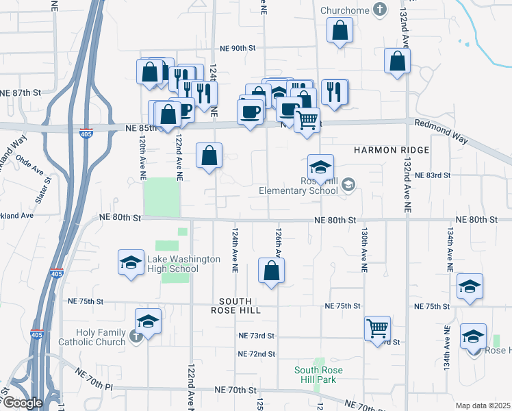 map of restaurants, bars, coffee shops, grocery stores, and more near 12526 Northeast 80th Place in Kirkland