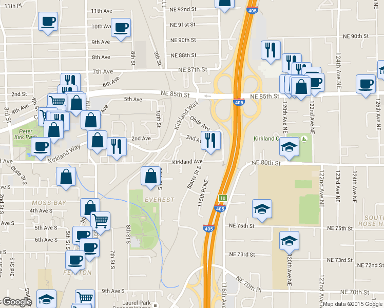map of restaurants, bars, coffee shops, grocery stores, and more near 1210 Kirkland Avenue in Kirkland