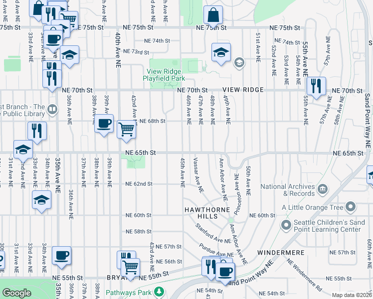 map of restaurants, bars, coffee shops, grocery stores, and more near 6501 46th Avenue Northeast in Seattle