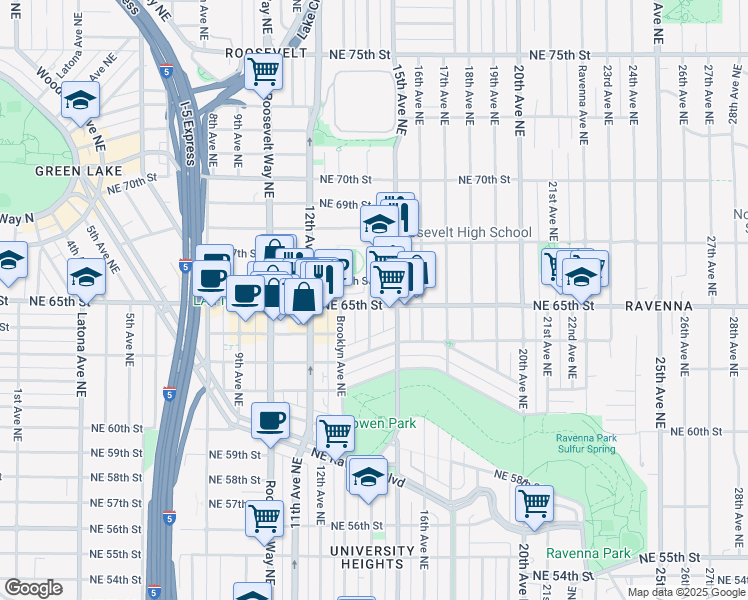 map of restaurants, bars, coffee shops, grocery stores, and more near 1402 Northeast 65th Street in Seattle