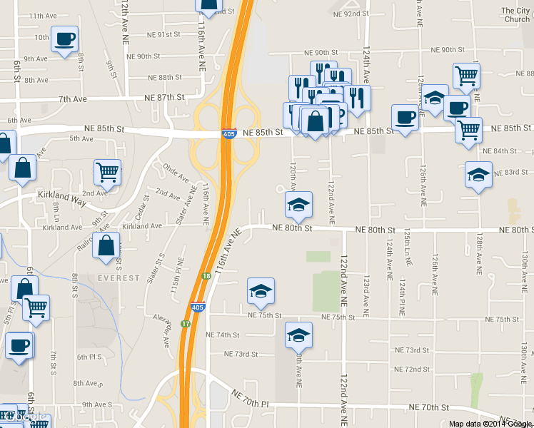 map of restaurants, bars, coffee shops, grocery stores, and more near 8022 118th Court Northeast in Kirkland